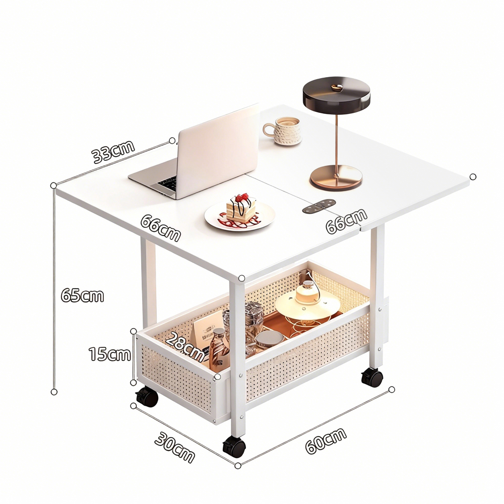 Foldable Rolling Side Table with Storage Shelf Mobile Sofa Side Table for Living Room