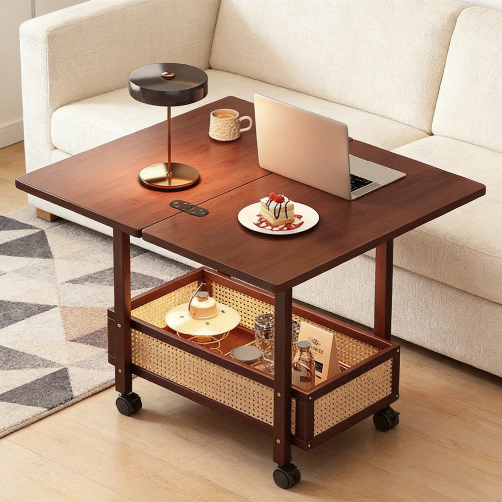 Foldable Rolling Side Table with Storage Shelf Mobile Sofa Side Table for Living Room