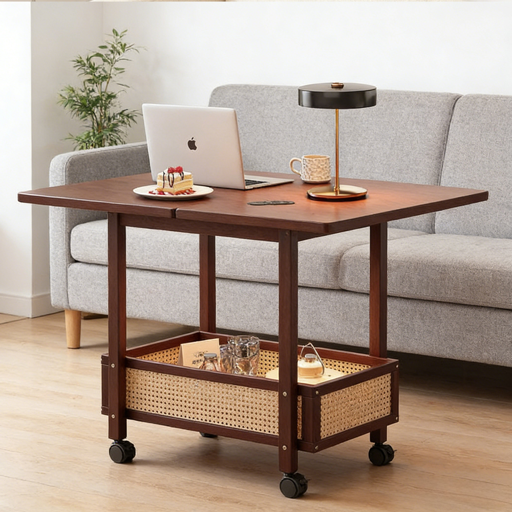 Foldable Rolling Side Table with Storage Shelf Mobile Sofa Side Table for Living Room