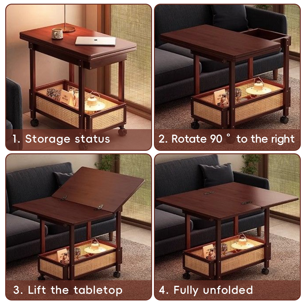Foldable Rolling Side Table with Storage Shelf Mobile Sofa Side Table for Living Room