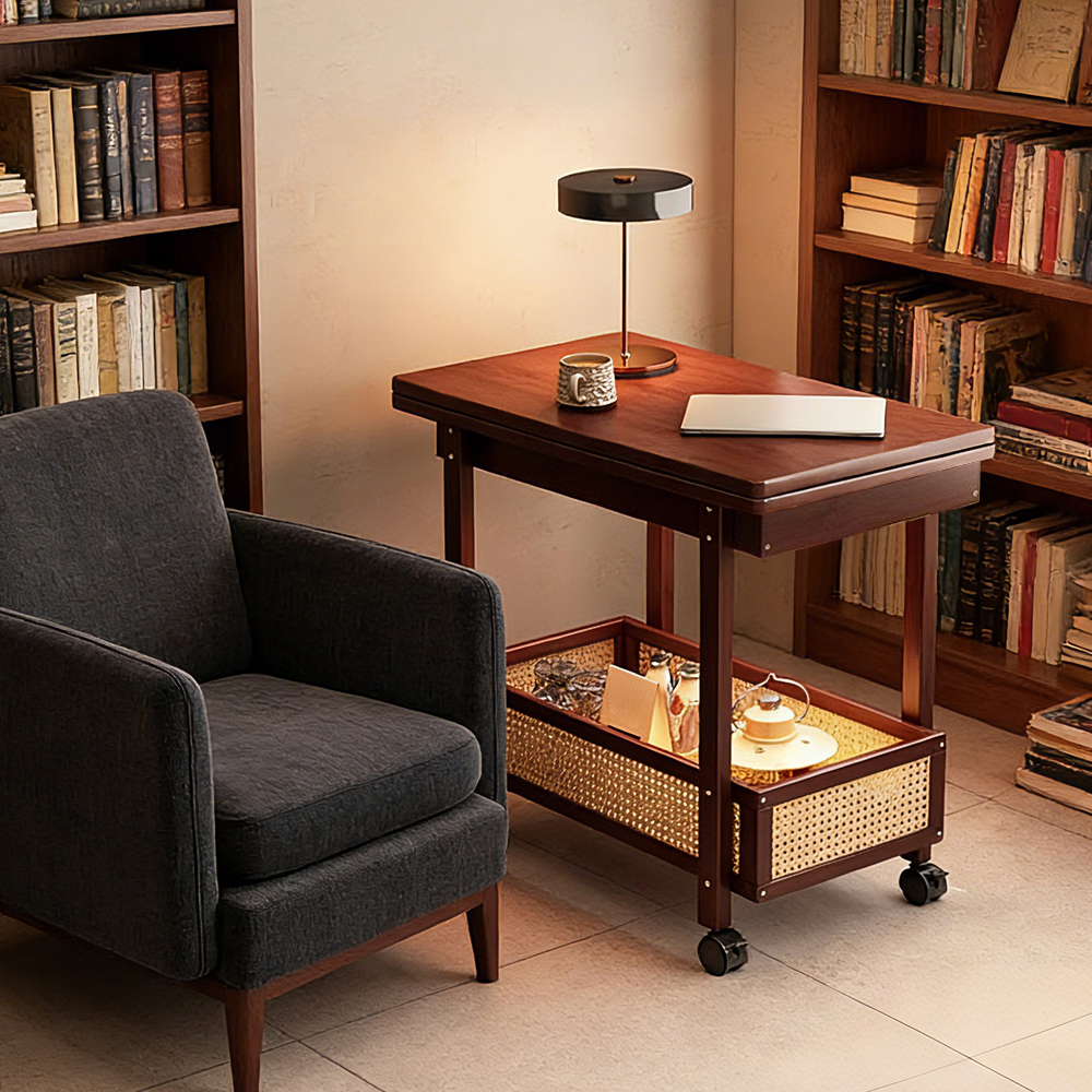 Foldable Rolling Side Table with Storage Shelf Mobile Sofa Side Table for Living Room