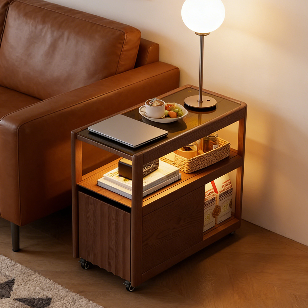 Solid Wood Sofa Side Table Side Cabinet Living Room Trolley Movable Table