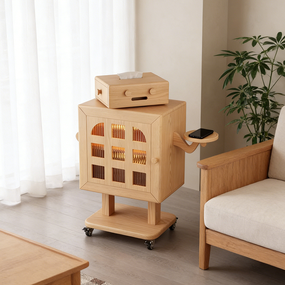 Mobile Robot Solid Wood Nightstand with Lamp Storage Cabinet Living Room Side Cabinet