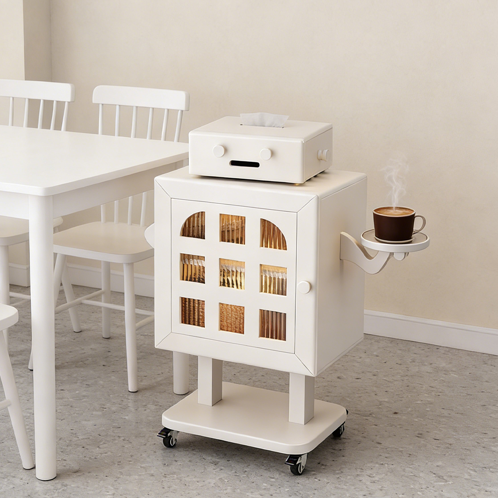 Mobile Robot Solid Wood Nightstand with Lamp Storage Cabinet Living Room Side Cabinet