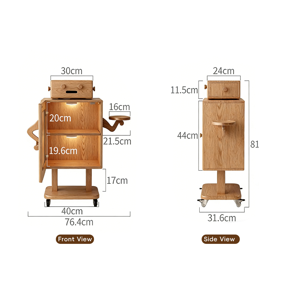 Mobile Robot Solid Wood Nightstand with Lamp Storage Cabinet Living Room Side Cabinet