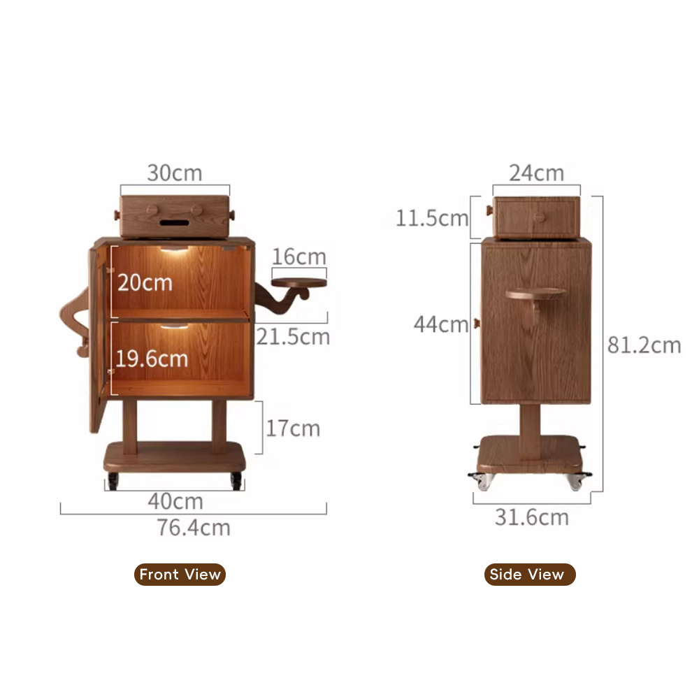 Mobile Robot Solid Wood Nightstand with Lamp Storage Cabinet Living Room Side Cabinet