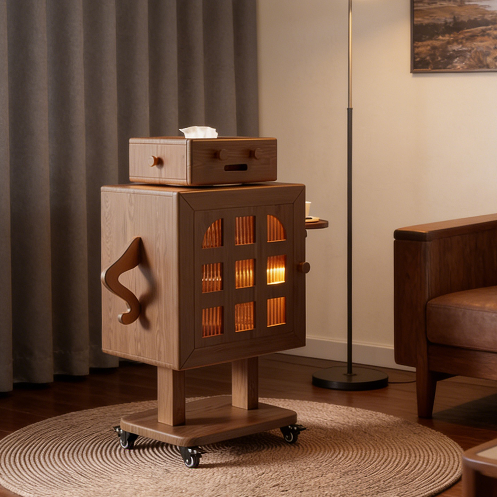 Mobile Robot Solid Wood Nightstand with Lamp Storage Cabinet Living Room Side Cabinet