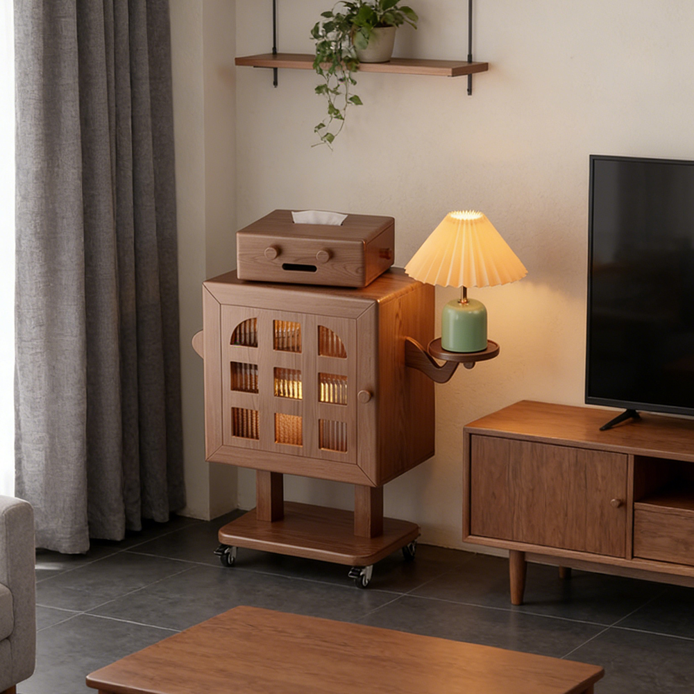 Mobile Robot Solid Wood Nightstand with Lamp Storage Cabinet Living Room Side Cabinet