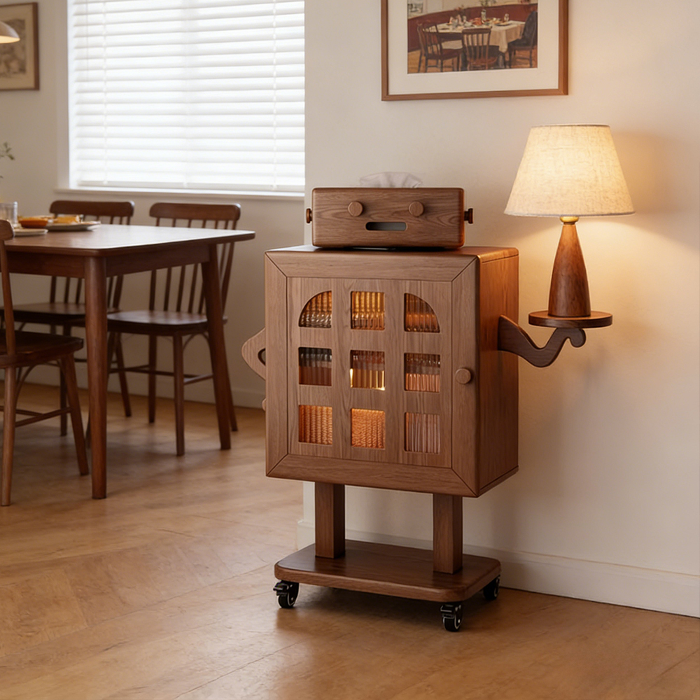 Mobile Robot Solid Wood Nightstand with Lamp Storage Cabinet Living Room Side Cabinet