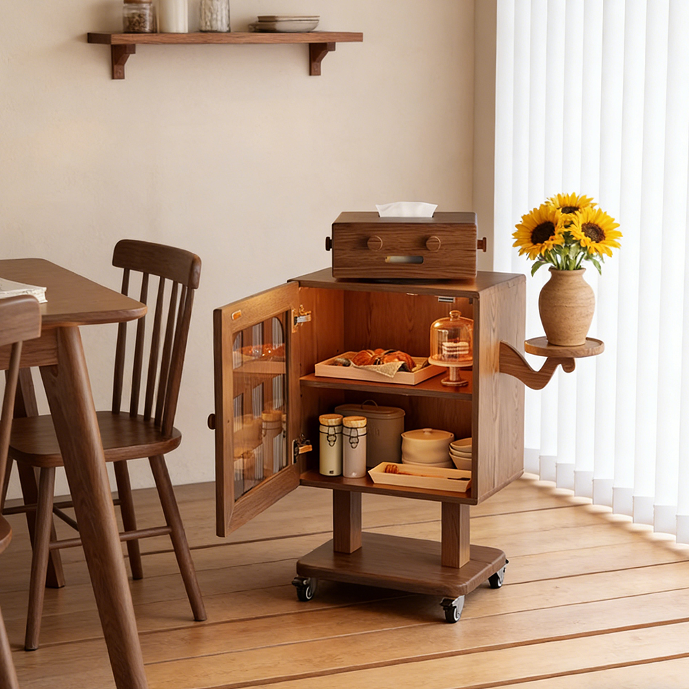 Mobile Robot Solid Wood Nightstand with Lamp Storage Cabinet Living Room Side Cabinet