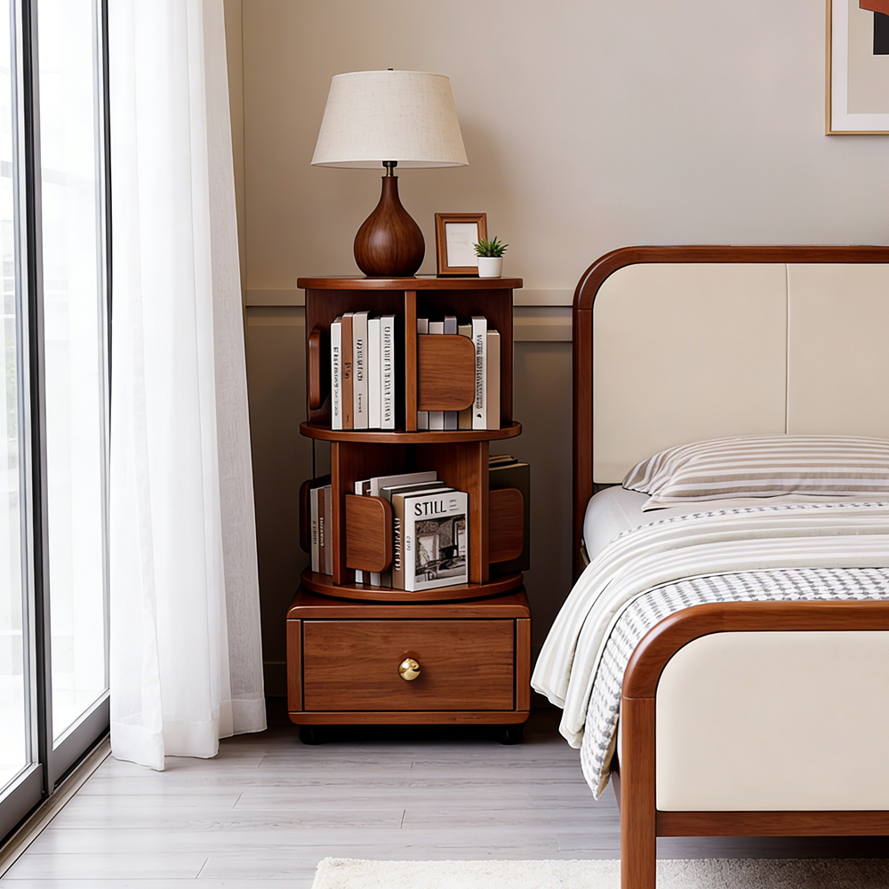 Movable Solid Wood Rotating Bookshelf Bedroom Kids Storage Cabinet Multi Functional Bedside Nightstand