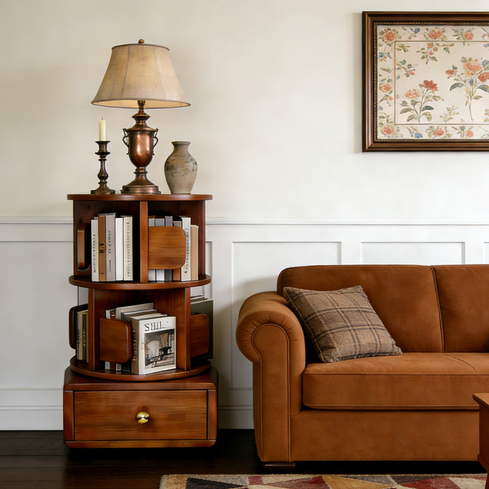 Movable Solid Wood Rotating Bookshelf Bedroom Kids Storage Cabinet Multi Functional Bedside Nightstand