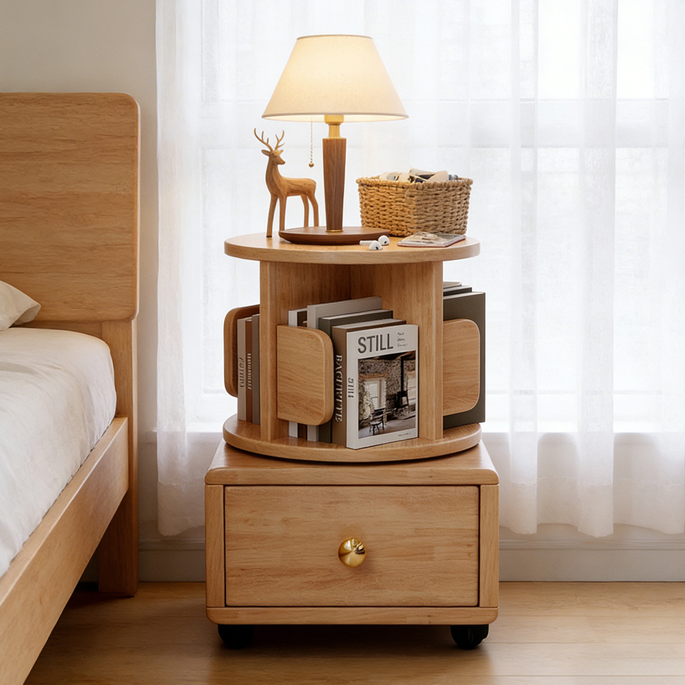 Movable Solid Wood Rotating Bookshelf Bedroom Kids Storage Cabinet Multi Functional Bedside Nightstand