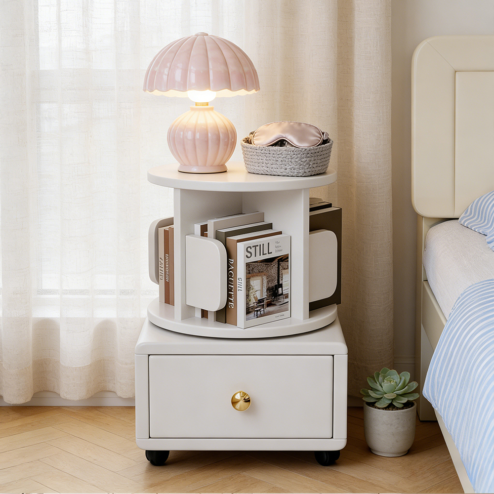 Movable Solid Wood Rotating Bookshelf Bedroom Kids Storage Cabinet Multi Functional Bedside Nightstand