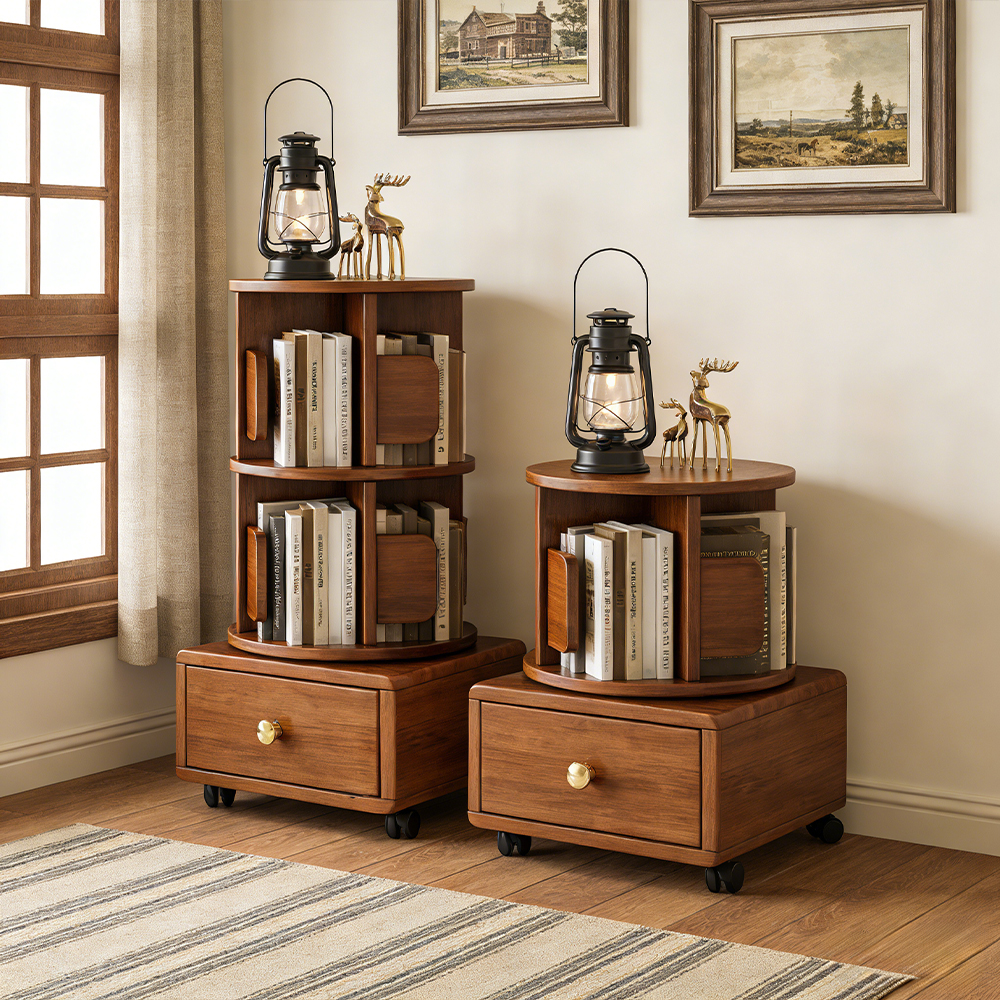 Movable Solid Wood Rotating Bookshelf Bedroom Kids Storage Cabinet Multi Functional Bedside Nightstand