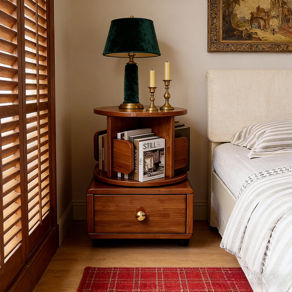 Movable Solid Wood Rotating Bookshelf Bedroom Kids Storage Cabinet Multi Functional Bedside Nightstand
