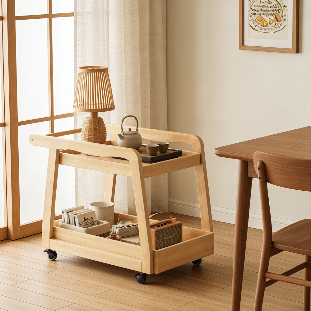Solid Wood Mobile Side Table Living Room Sofa Side Small Tea Table Home Bedside Storage Cart