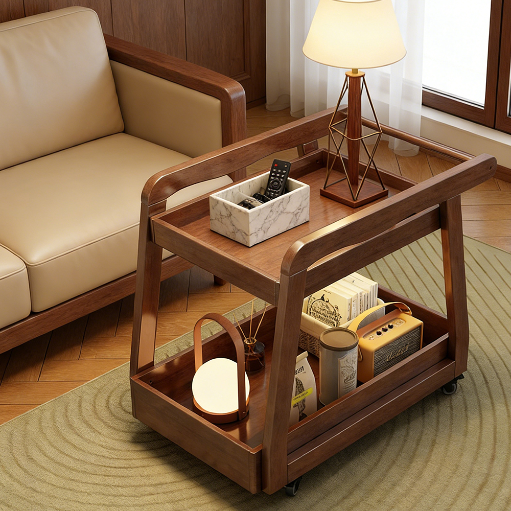 Solid Wood Mobile Side Table Living Room Sofa Side Small Tea Table Home Bedside Storage Cart