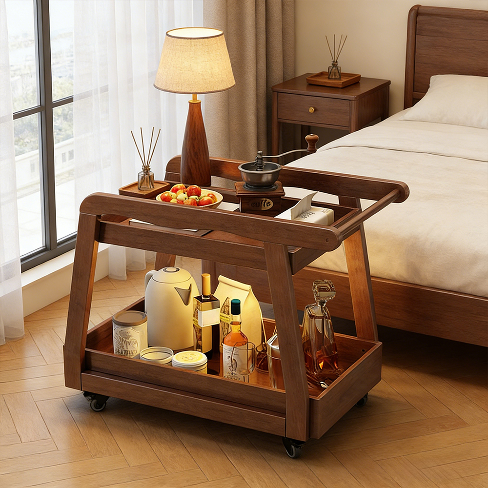 Solid Wood Mobile Side Table Living Room Sofa Side Small Tea Table Home Bedside Storage Cart