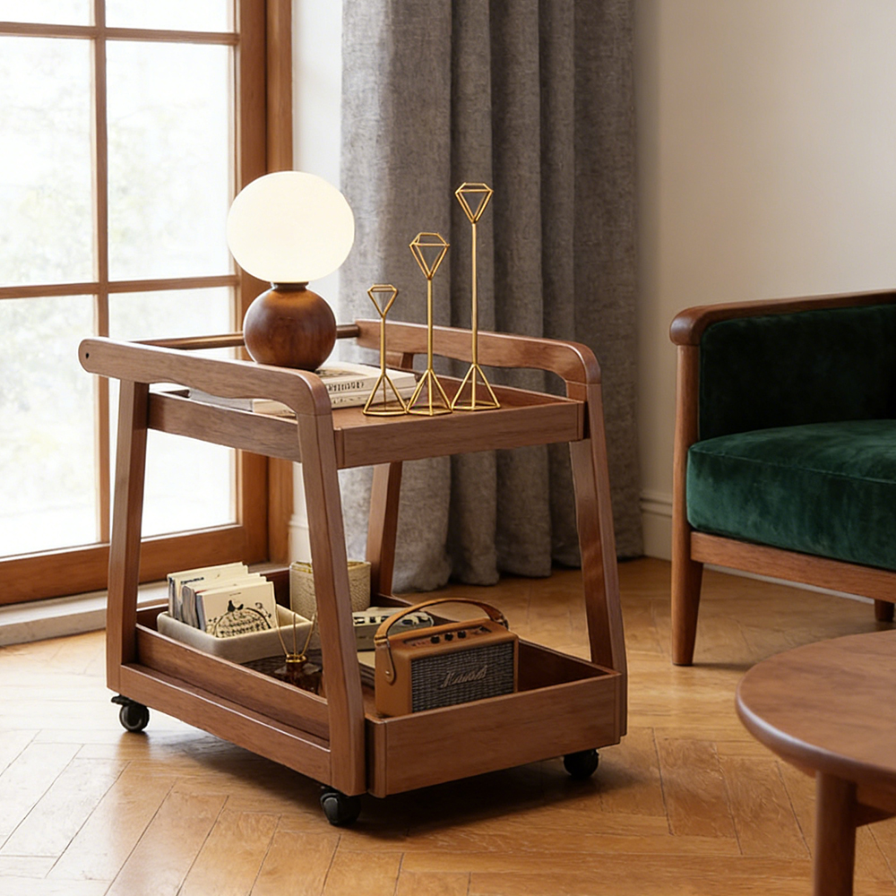 Solid Wood Mobile Side Table Living Room Sofa Side Small Tea Table Home Bedside Storage Cart