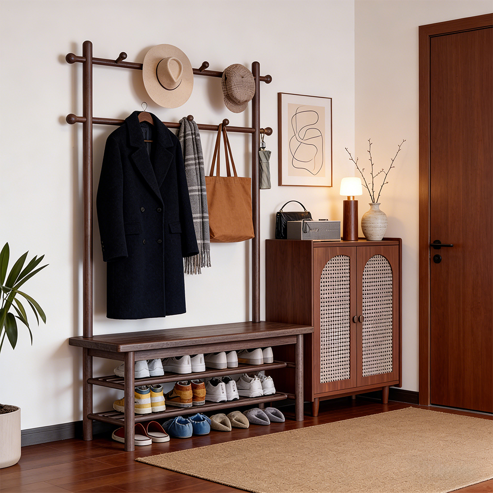 Multi Functional Solid Wood Entryway Coat Rack Shoe Rack Combo Entryway Bench