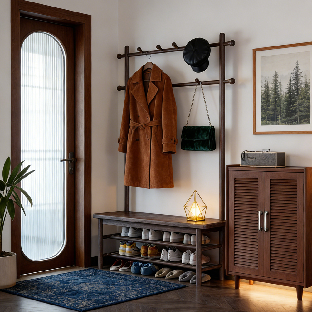 Multi Functional Solid Wood Entryway Coat Rack Shoe Rack Combo Entryway Bench