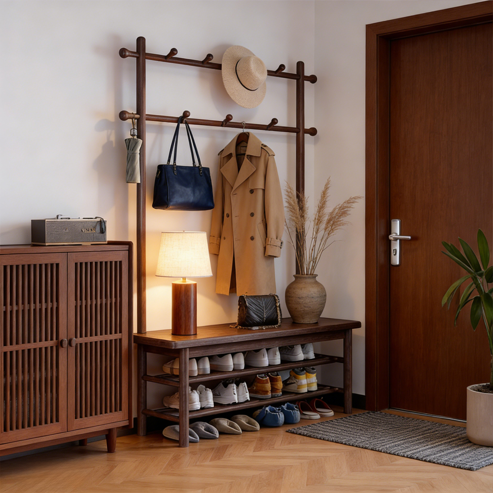 Multi Functional Solid Wood Entryway Coat Rack Shoe Rack Combo Entryway Bench