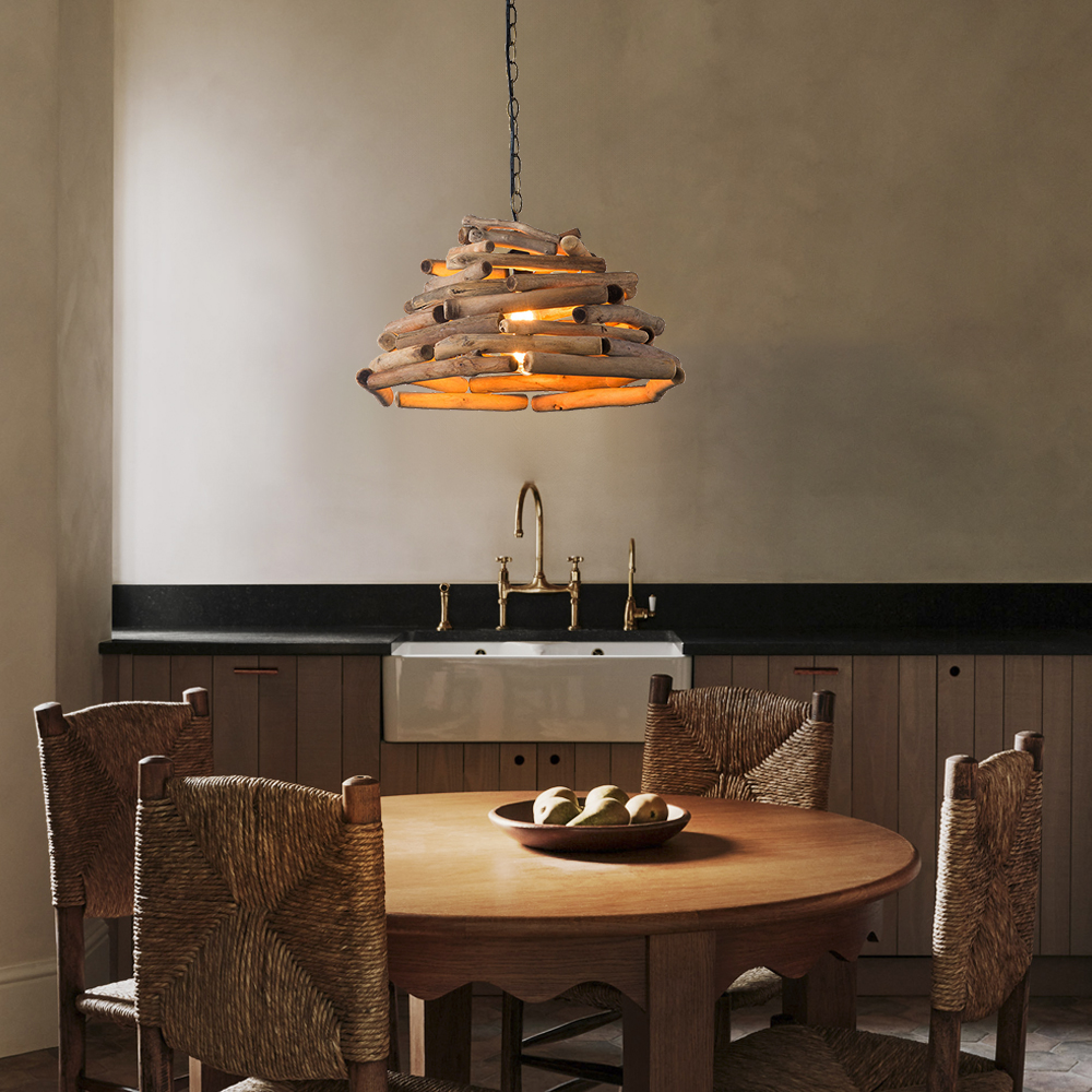 Vintage Hand-woven Solid Wood Branch Dining Room Pendant Light