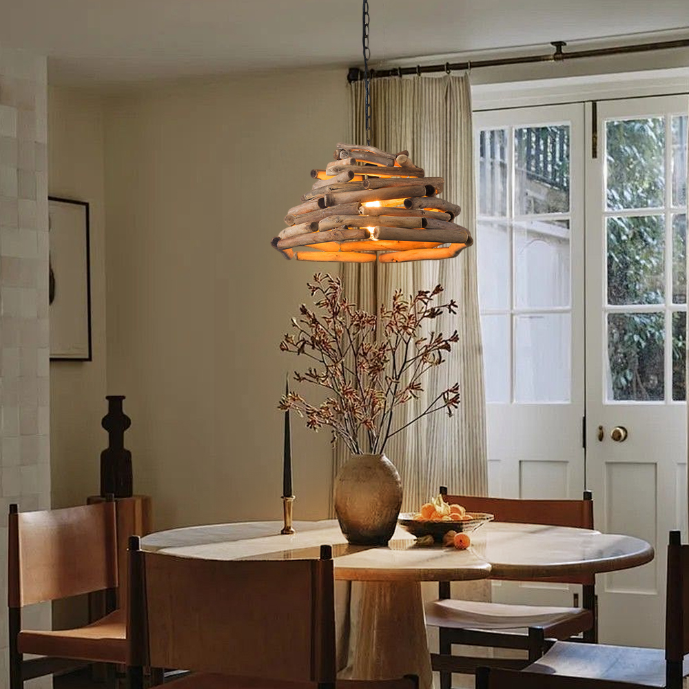 Vintage Hand-woven Solid Wood Branch Dining Room Pendant Light