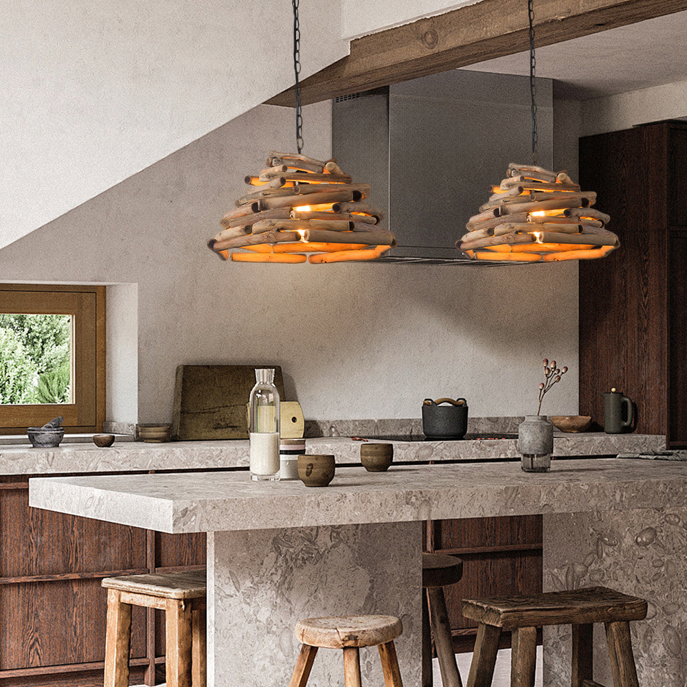 Vintage Hand-woven Solid Wood Branch Dining Room Pendant Light