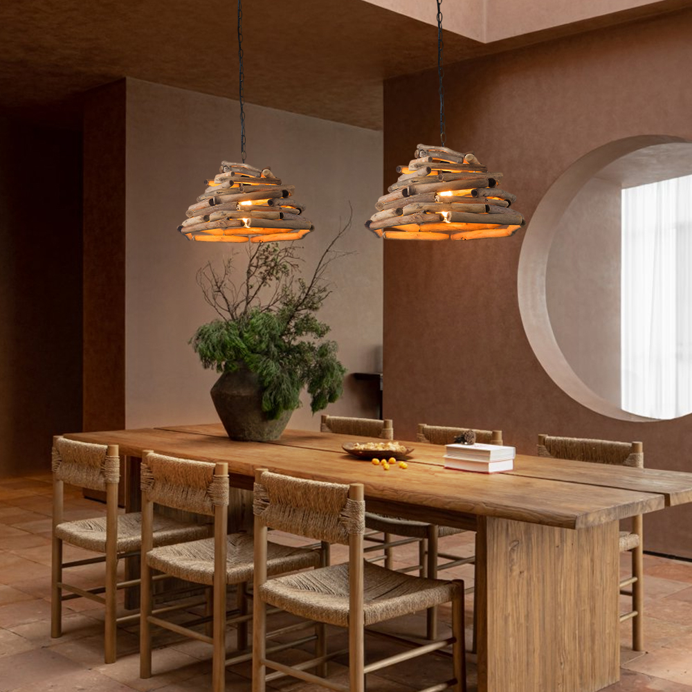 Vintage Hand-woven Solid Wood Branch Dining Room Pendant Light