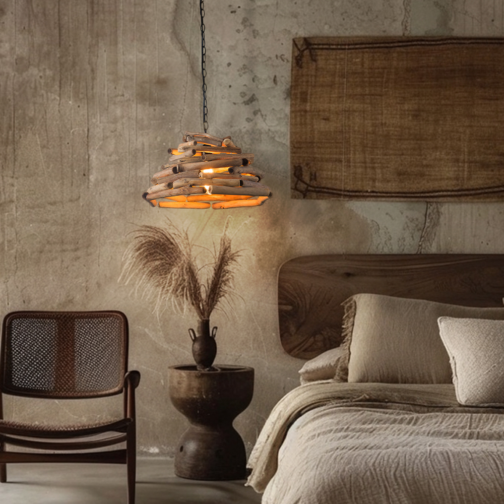 Vintage Hand-woven Solid Wood Branch Dining Room Pendant Light
