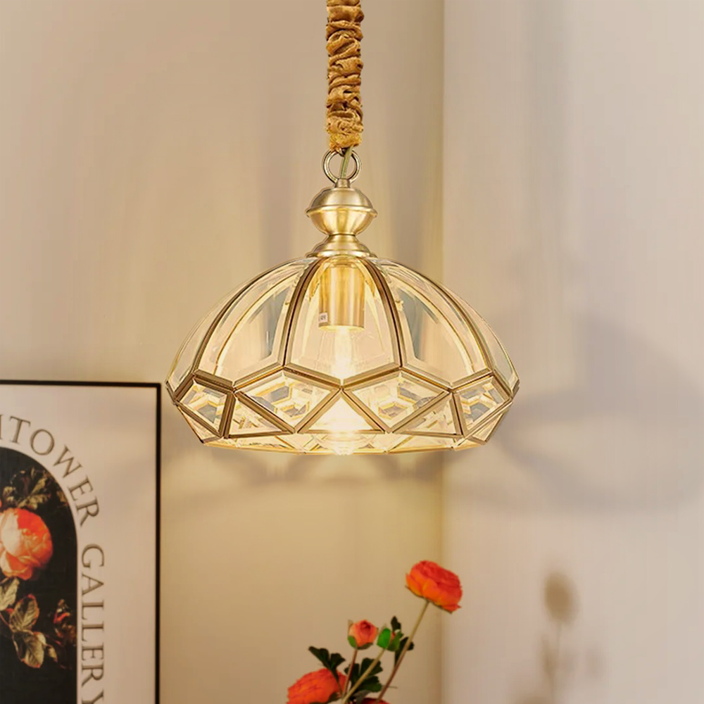 Solid Brass Outdoor Waterproof Glass Pendant Light Dining Room Retro Diamond Grid Chandelier