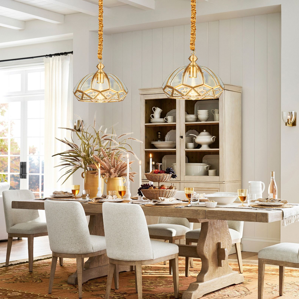 Solid Brass Outdoor Waterproof Glass Pendant Light Dining Room Retro Diamond Grid Chandelier