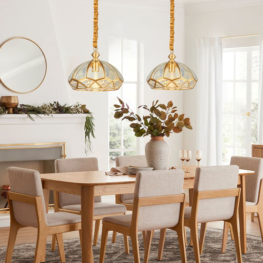 Solid Brass Outdoor Waterproof Glass Pendant Light Dining Room Retro Diamond Grid Chandelier