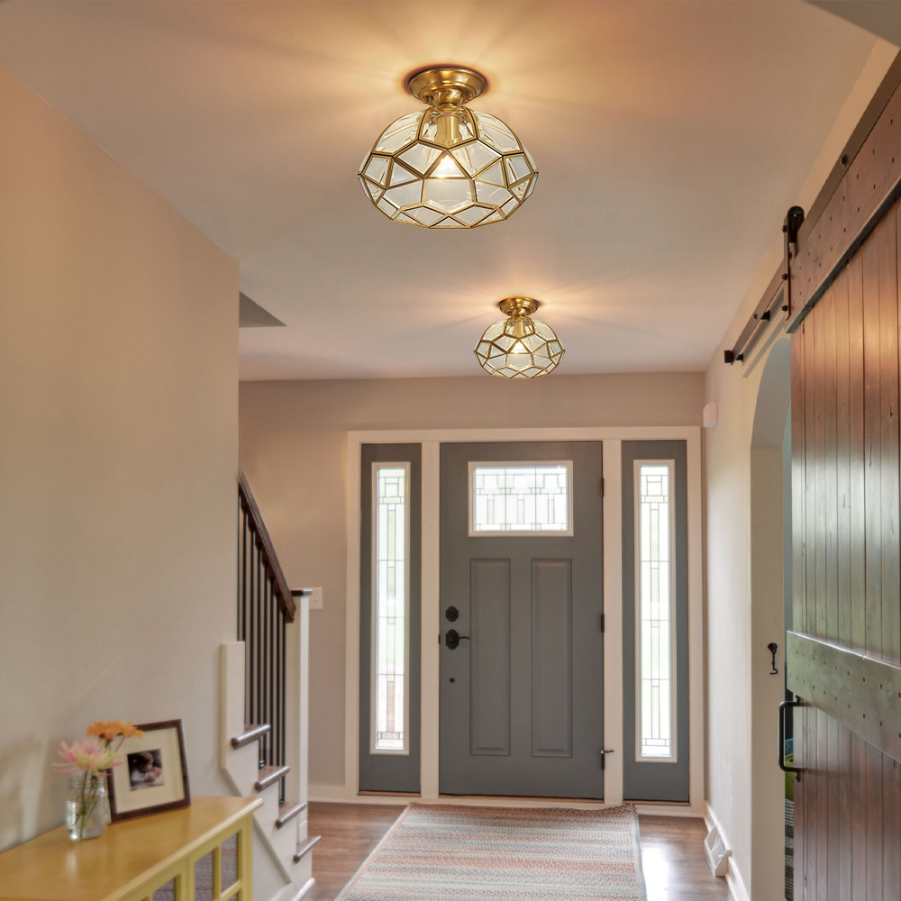 Solid Brass Outdoor Waterproof Glass Pendant Light Dining Room Retro Diamond Grid Chandelier