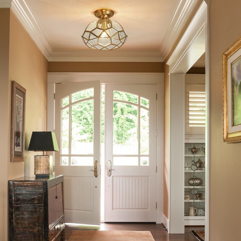 Solid Brass Outdoor Waterproof Glass Pendant Light Dining Room Retro Diamond Grid Chandelier