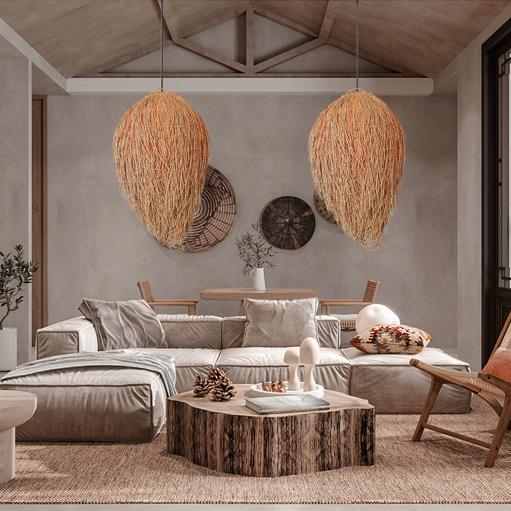 Japanese Style Grass Pendant Lights Hand-wove Lampshade For Dining Room