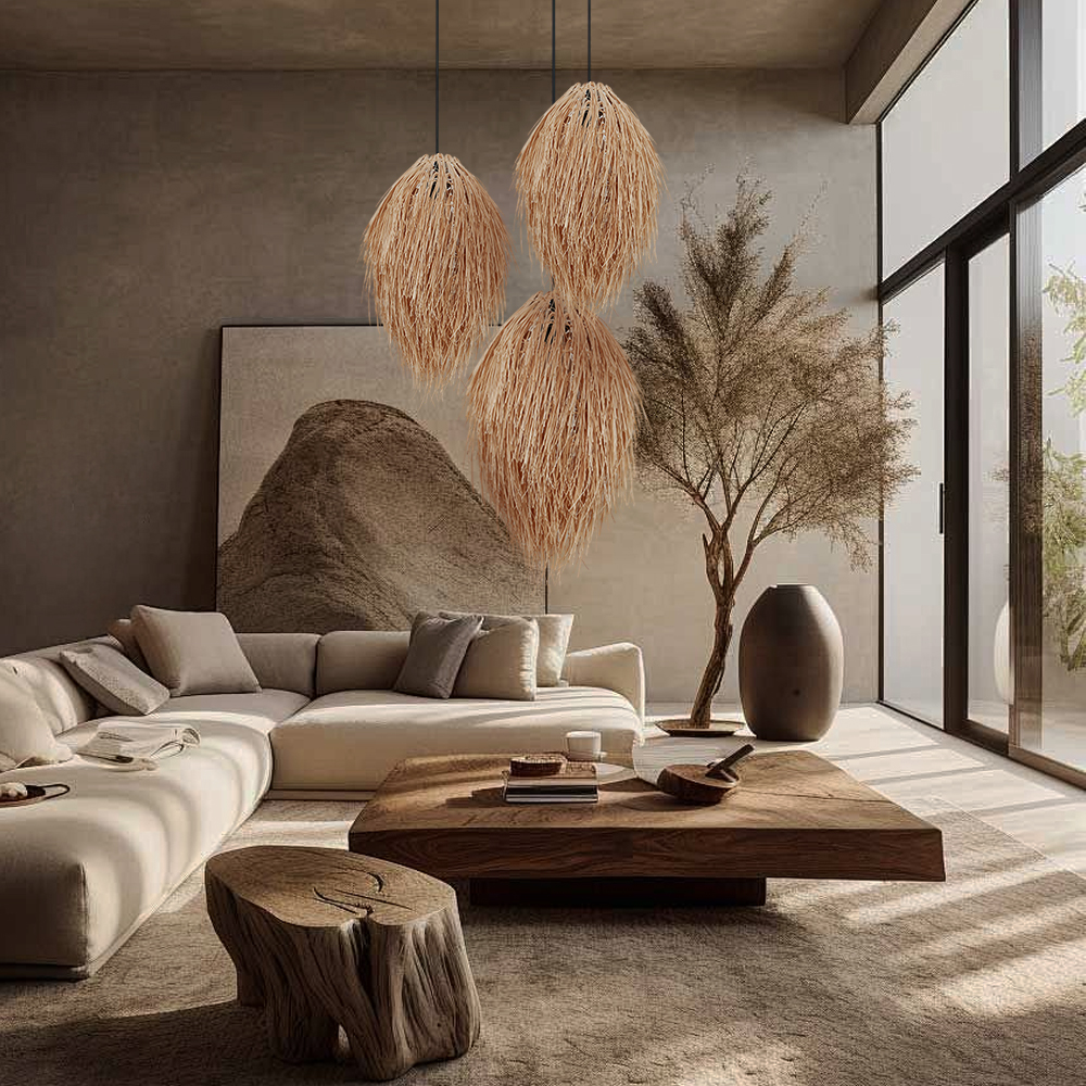 Japanese Style Grass Pendant Lights Hand-wove Lampshade For Dining Room