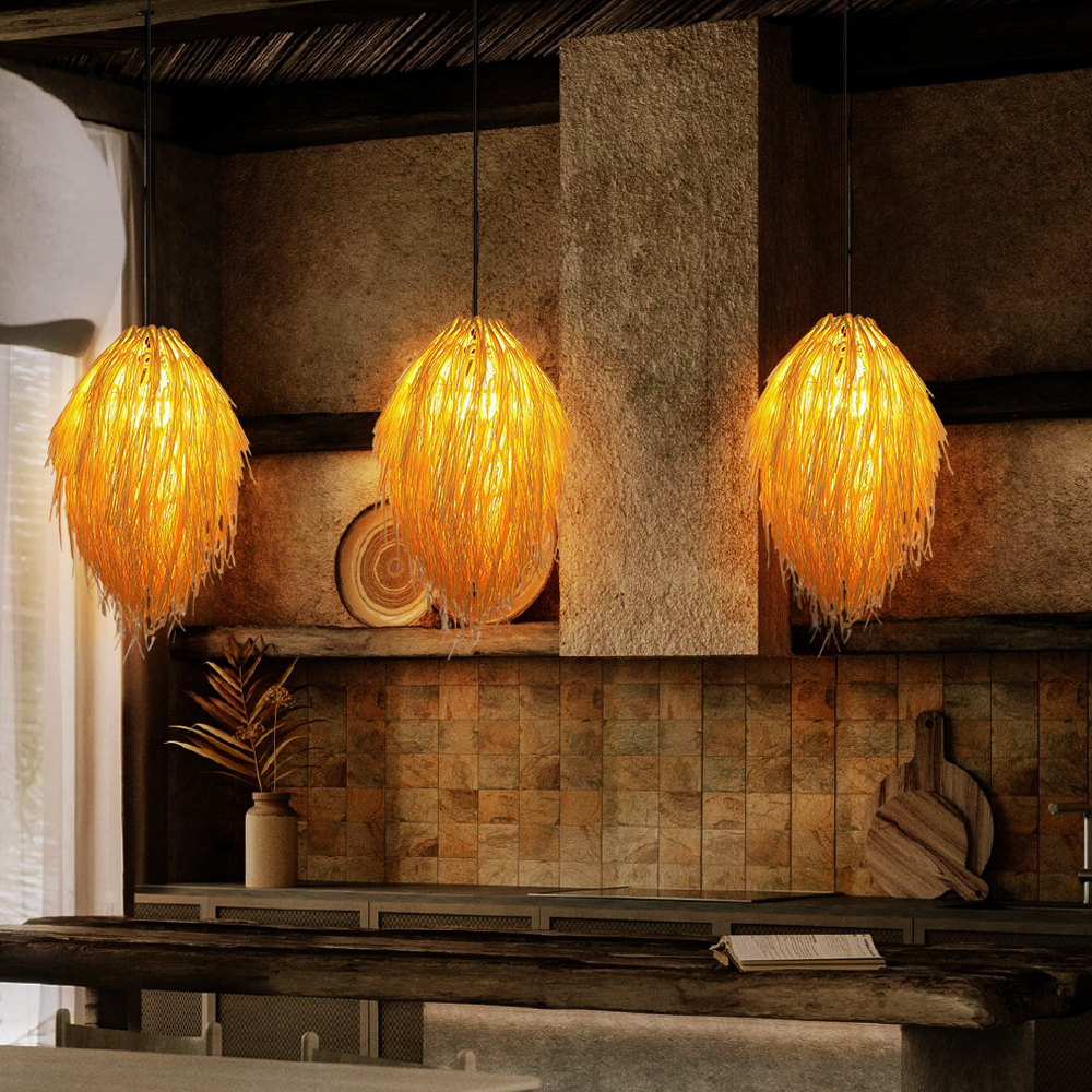 Japanese Style Grass Pendant Lights Hand-wove Lampshade For Dining Room