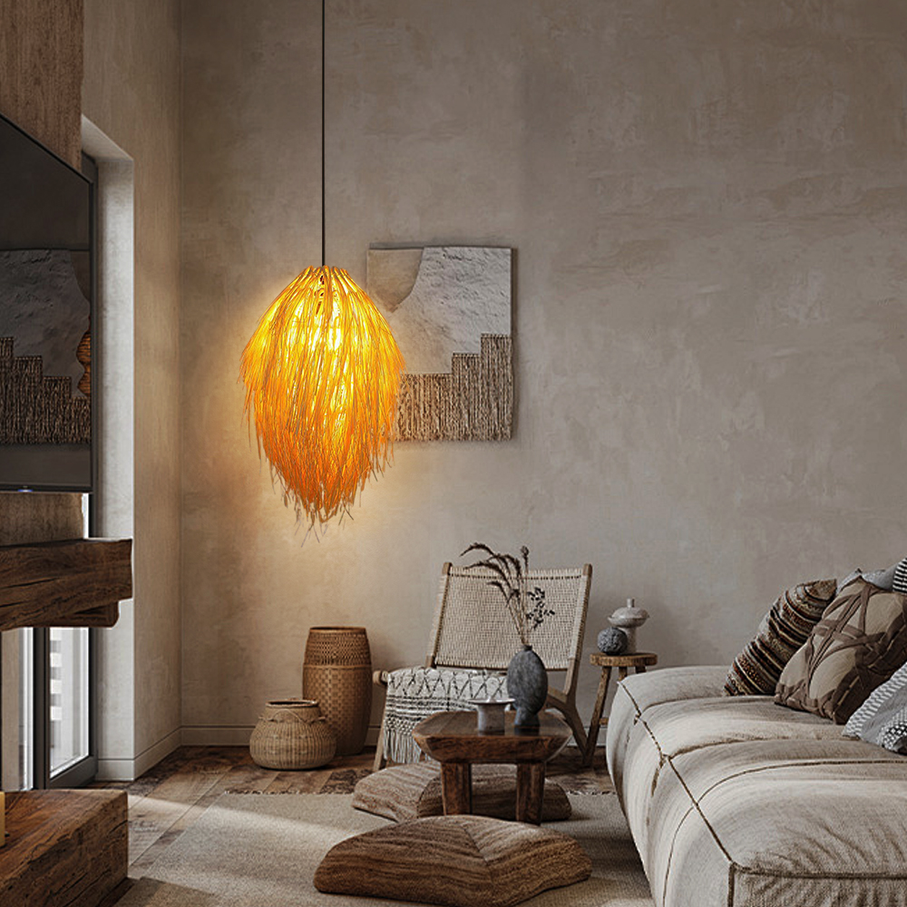 Japanese Style Grass Pendant Lights Hand-wove Lampshade For Dining Room