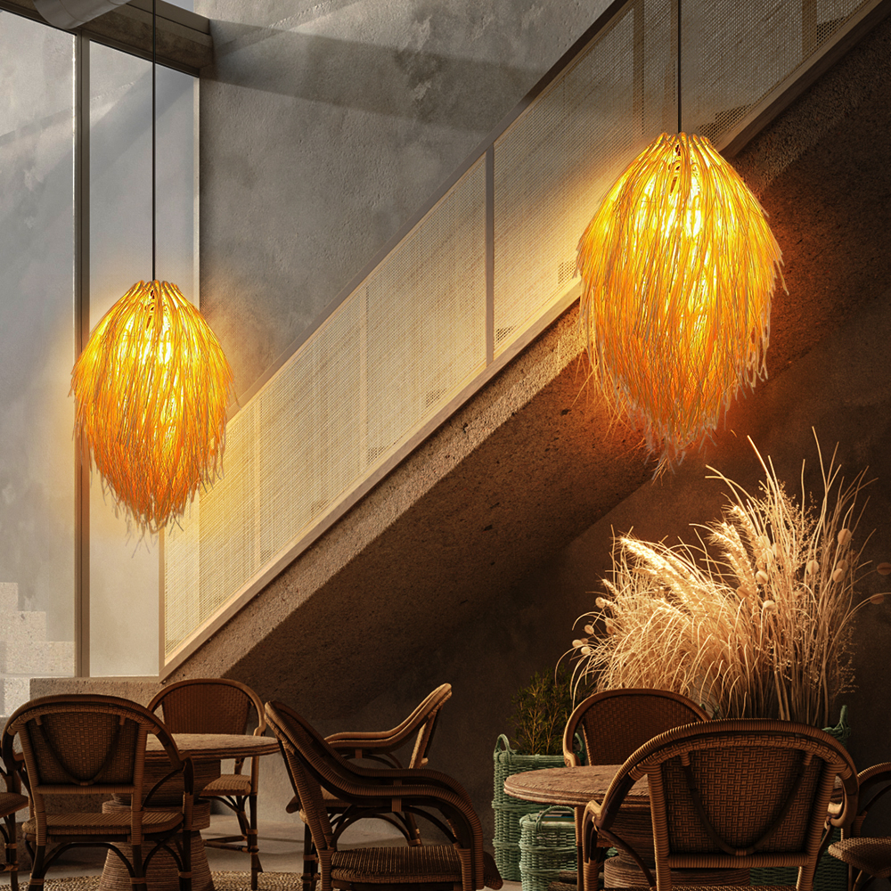 Japanese Style Grass Pendant Lights Hand-wove Lampshade For Dining Room