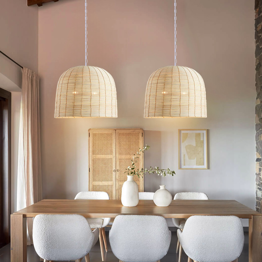 Boho Style Light Colored Rattan Dome Pendant Light for Dining Room