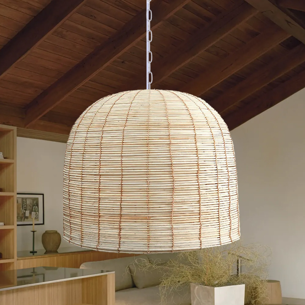 Boho Style Light Colored Rattan Dome Pendant Light for Dining Room