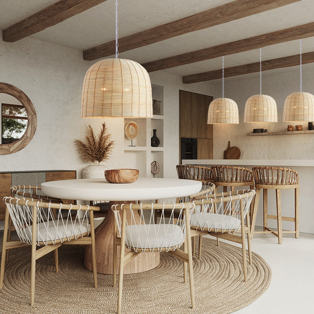 Boho Style Light Colored Rattan Dome Pendant Light for Dining Room