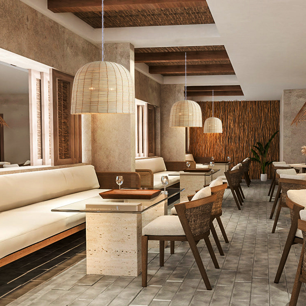 Boho Style Light Colored Rattan Dome Pendant Light for Dining Room