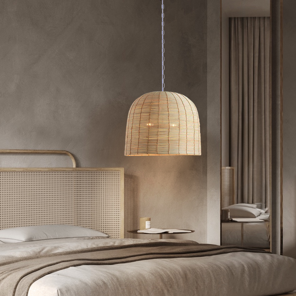 Boho Style Light Colored Rattan Dome Pendant Light for Dining Room