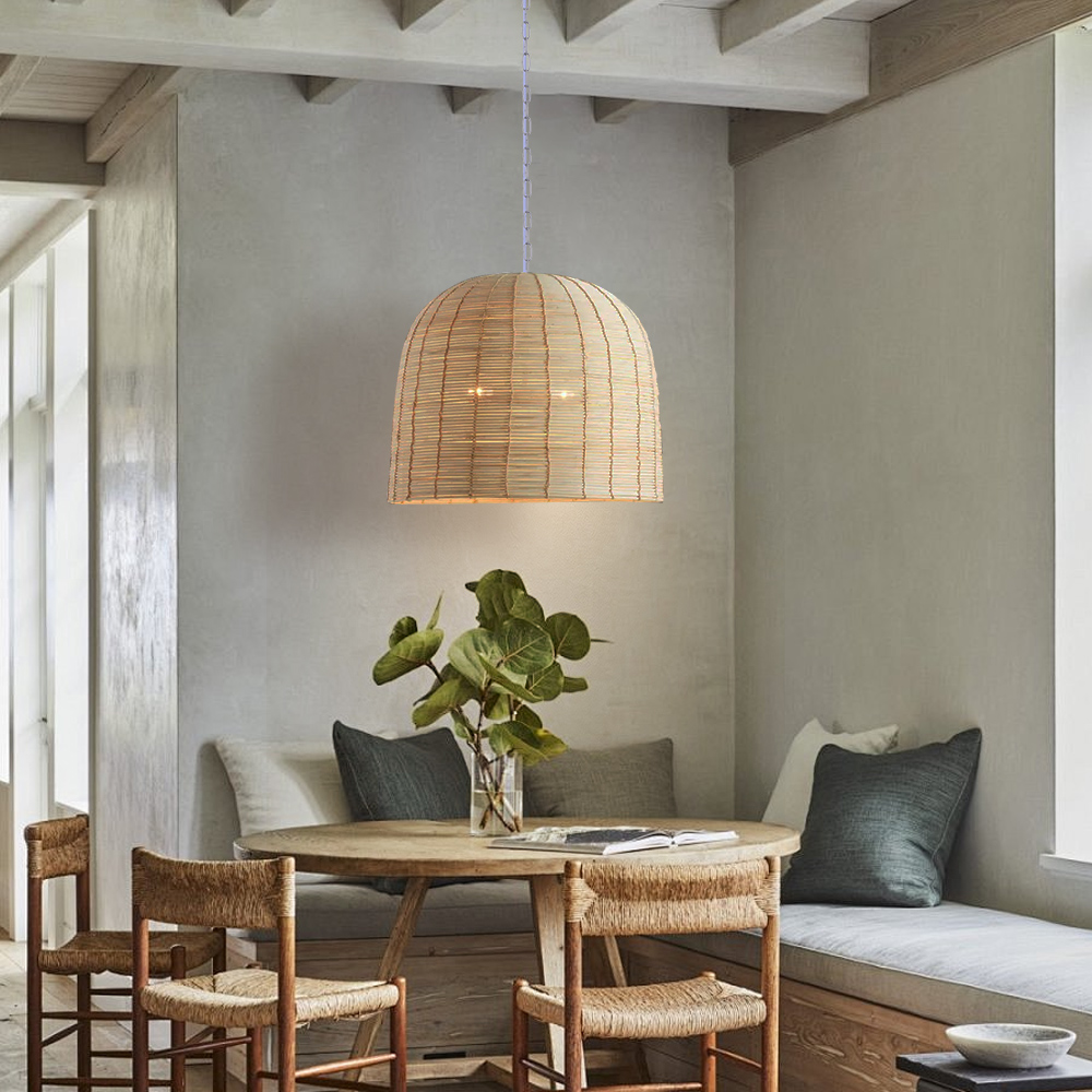 Boho Style Light Colored Rattan Dome Pendant Light for Dining Room