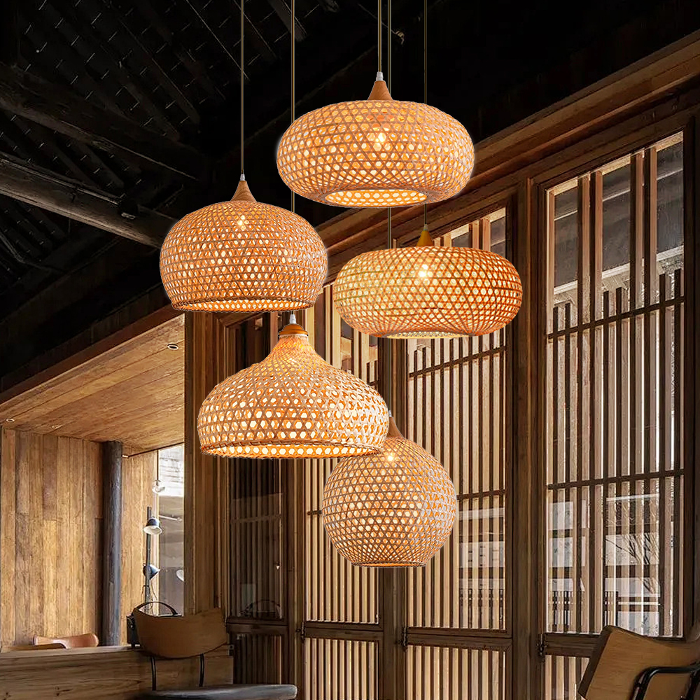 5-Head Wabi-sabi Restaurant Staircase Light Hand-woven Bamboo Pendant Light