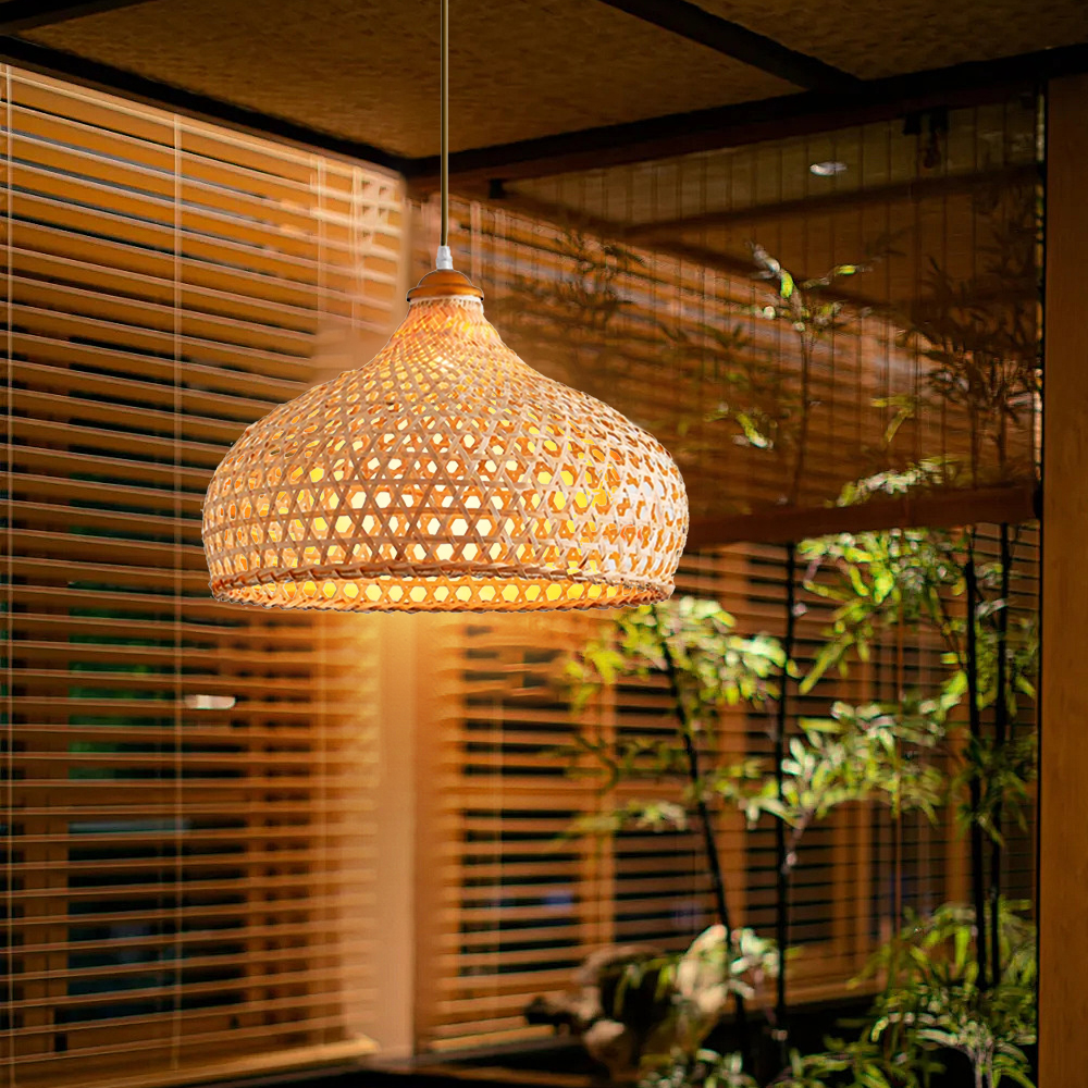 5-Head Wabi-sabi Restaurant Staircase Light Hand-woven Bamboo Pendant Light